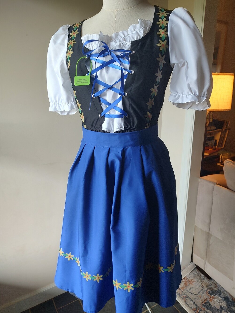 German Dirndl Blue Black Floral Lace-Up Bodice Detachable Apron Medium